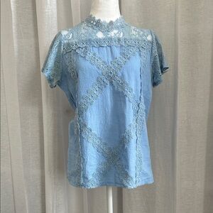 Chic Lace Trimmed Women's Blouse in Light Blue